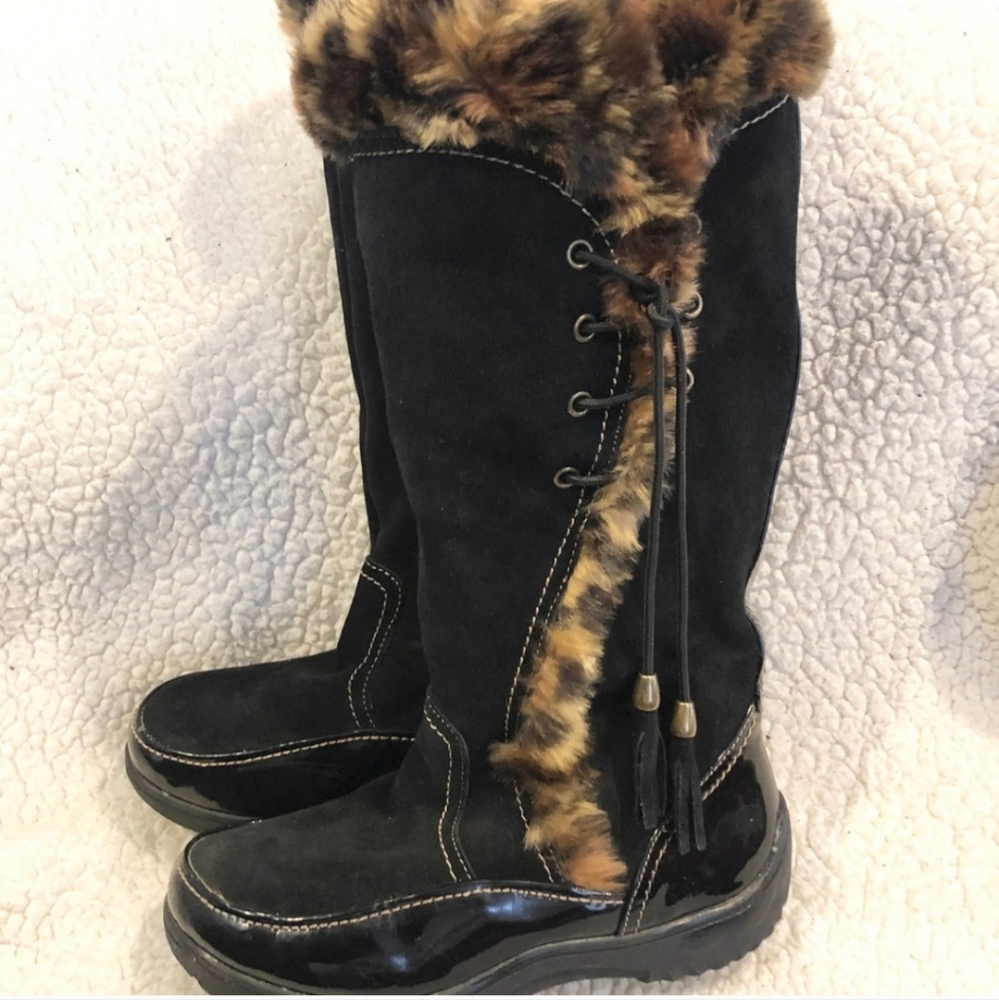 Sporto faux fur black boots Sidewinder Tall Tassel, Black Leopard boot size 7